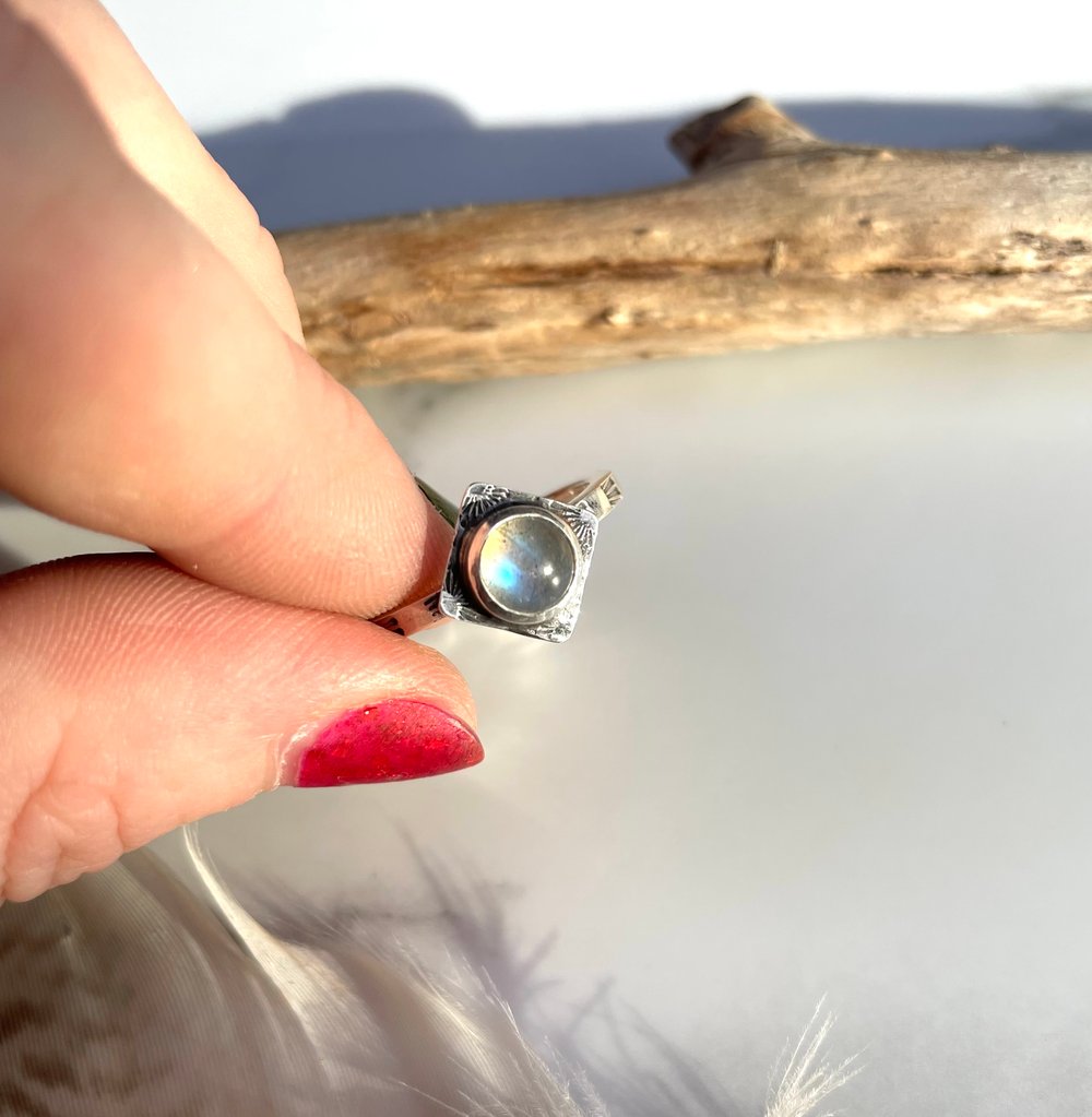 Handmade Sterling Silver Blue Labradorite Stamped Dainty Ring 