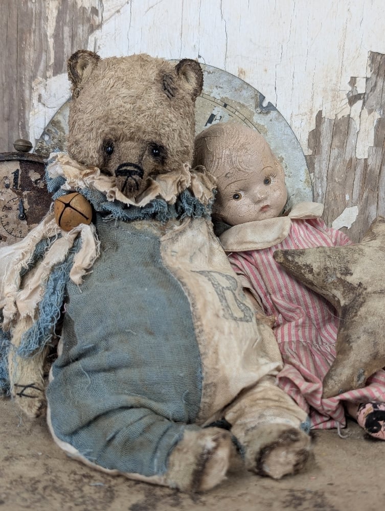 Image of  9" -Vintage Old Primitive Teddy Bear in romper  by Whendi's Bears