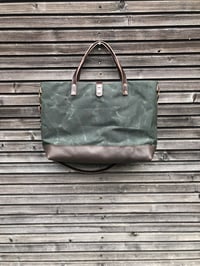 Image 6 of XL carryall in forest green waxed canvas with oiled leather base