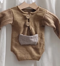 Image 2 of Newborn boy bodysuit Adrien for photoshoot | camel beige