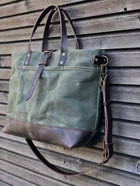 Image 5 of Carryall  tote bag in olive green waxed filter twill with leather bottom and cross body strap