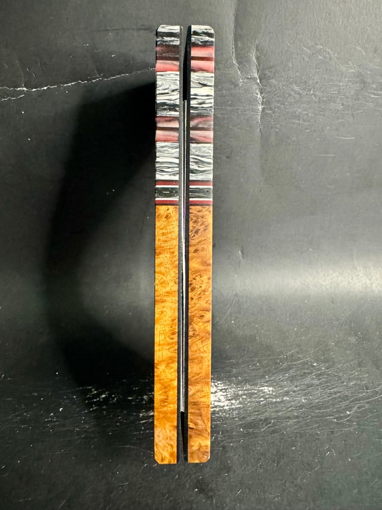 Image of @Kaoticartworks Resin & Amboyna Burl Segmented Knife Scales