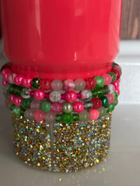 Image 4 of Watermelon Theme Green & Pink Tumbler Bracelet Stack with Gold Charms