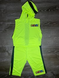 Satin Neon Fluorescent Yellow Two Piece Sleeveless hooded Top & Short Set Women’s 