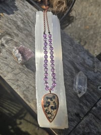 Image 1 of Electroformed Moss Agate and Amethyst knotted necklace