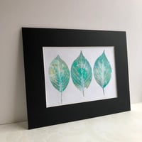 Image 2 of Collage on Rice Paper, Leaf Impressions, 3 Teal Green Leaves, 8x10 Ready to Frame 