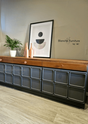 Image of Beautiful, Large Nathan Sideboard in Meridien Grey and Walnut with Copper