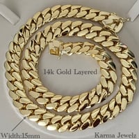 Image 4 of 15mm 14k Gold Layered Handmade Miami Cuban Link Chain & Bracelet Set | Handmade, High Quality