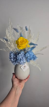 Image 1 of Raewyn!! Blue and Yellow Preserved Flower Vase