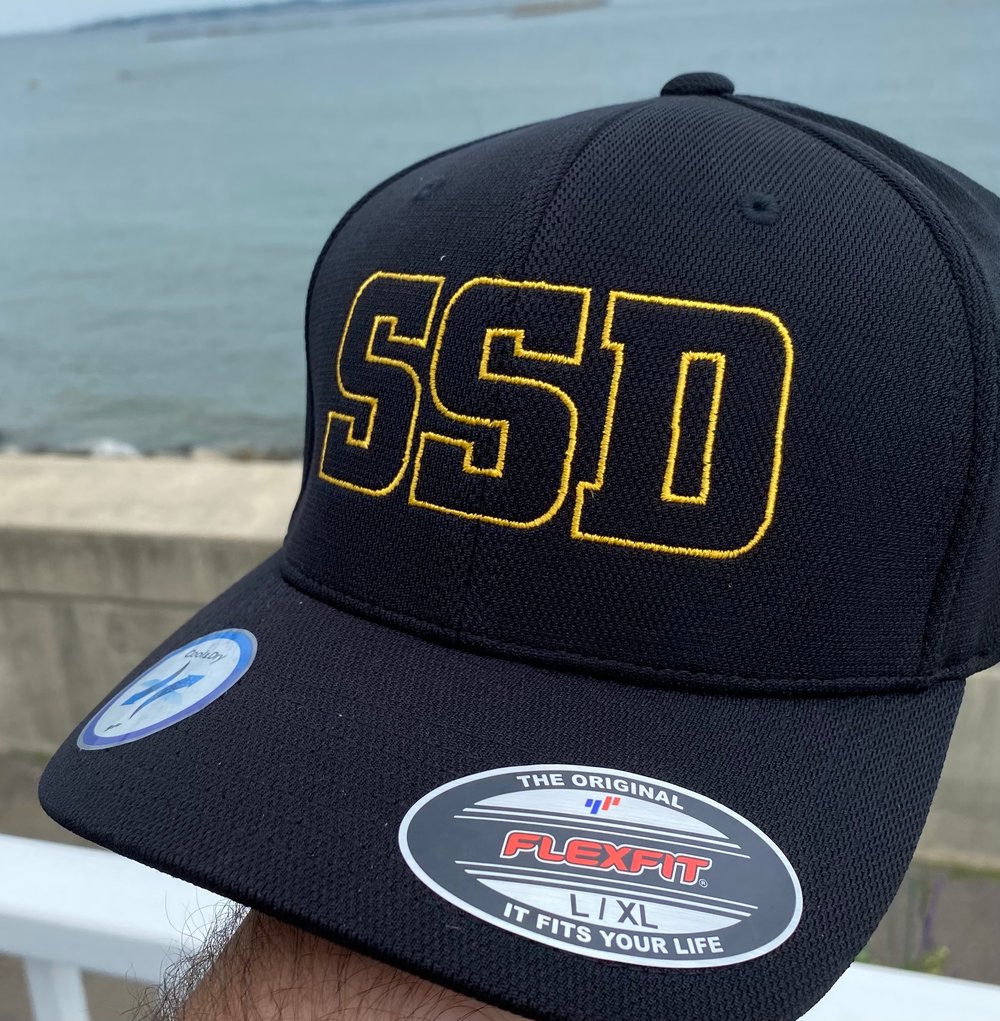 Black fitted Flexfit Hat with Gold SSD Outline Logo