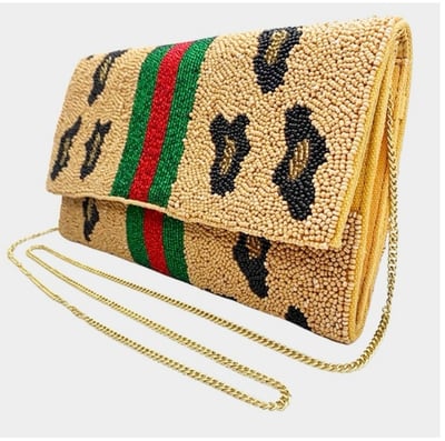 Image of Leopard Patterned Color Block SeedBeaded Clutch / Crossbody Bag
