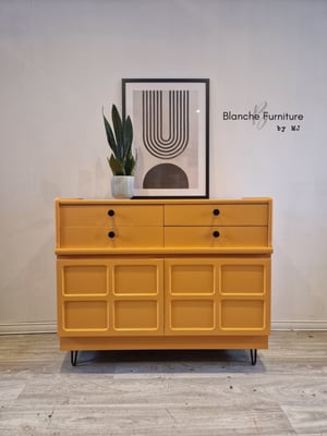 Image of Gorgeous Nathan Sideboard in a Marigold Orange on Black Hairpin legs with Matching handles