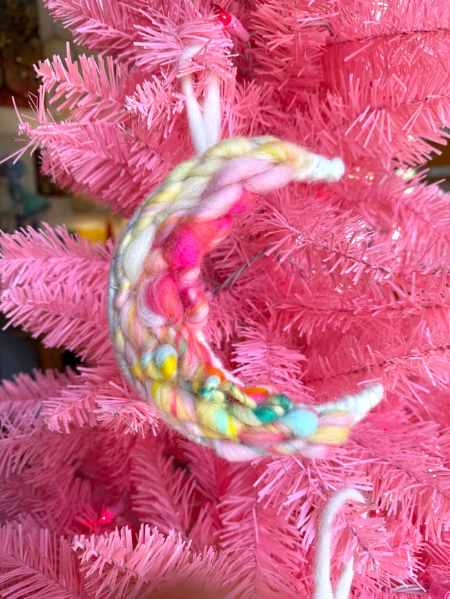 Candy crescent ornament moon set. Woven wall hangings.