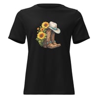 Image 3 of Women's Relaxed T-Shirt, Turquoise Sunflower Cowgirl Boots Tee