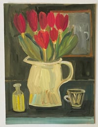 Pink-red tulips in a jug - gouache painting 