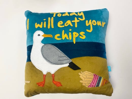 Raggy Roux - ‘today I will eat your chips’ seagull cushion