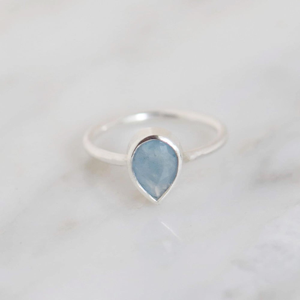 Image of Natural Deep Blue Aquamarine pear cut classic silver ring