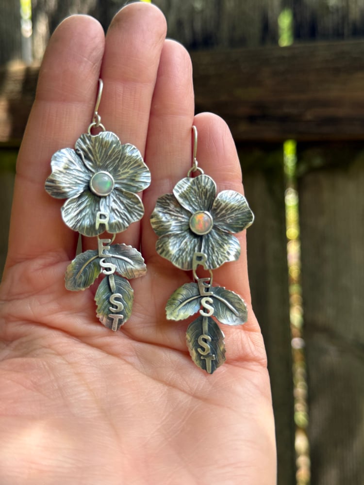 Image of Dog Rose Flower "RESIST" Ethiopian Opal Earrings