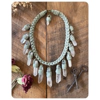 Image 2 of The Empress Necklace - Clear Quartz Crystals and Mint Green Goatskin Leather
