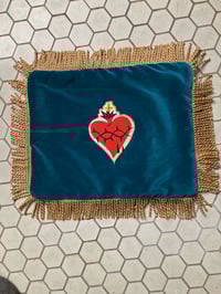 Image 4 of Sacred heart patch teal velvet rectangle cushion 