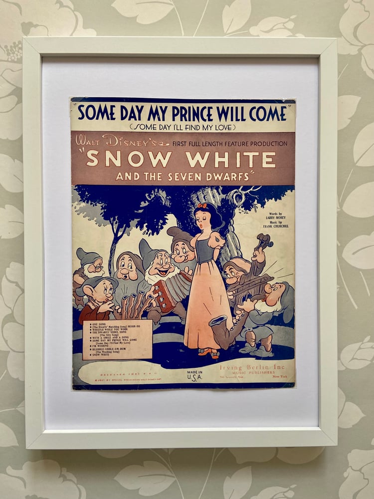 Image of Snow White c1937, framed vintage sheet music of 'Some Day My Prince Will Come'