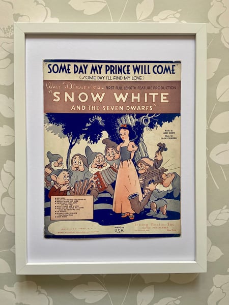 Image of Snow White c1937, framed vintage sheet music of 'Some Day My Prince Will Come'