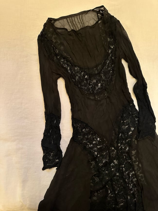 1920s noir tissue silk and handmade lace dress 