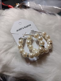 Image 3 of Silver Beaded Hoop Earrings (White)