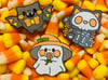 Halloween Pins: Cottagecore Ghost, Candy Corn Bat, and Skeleton Kitty