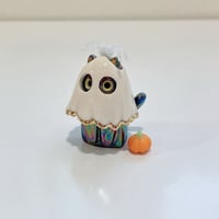 Image 3 of Glow in dark ghost mask, pumpkin, and spider black cat ceramic figurine (rainbow effect)