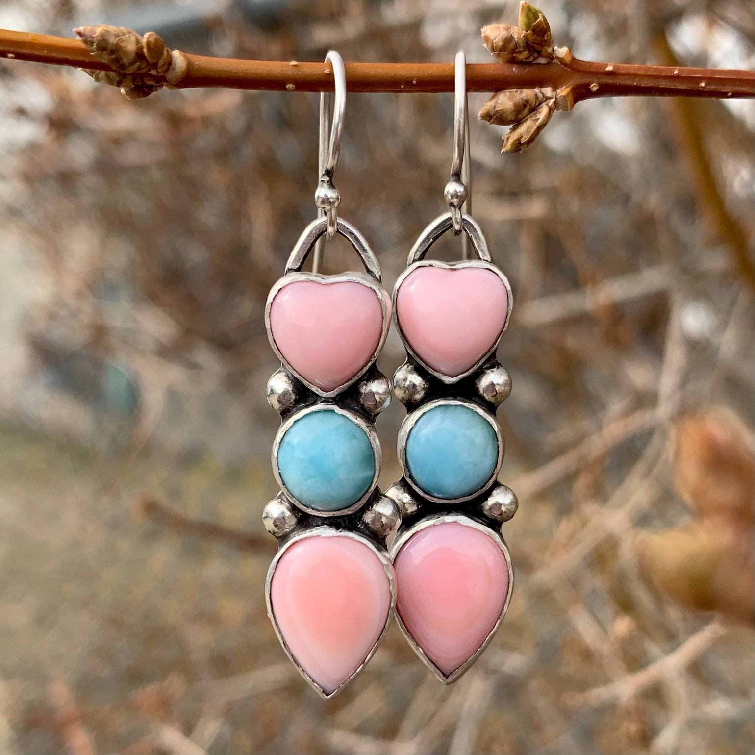 Image of Pink Conch Shell and Larimar Handmade Sterling Silver Heart Earrings