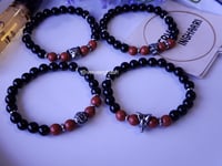 Image 2 of Men Black Onyx | Red Jasper Stacked Bracelets | Stretch Bracelets