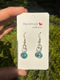 Image 1 of Teal/ white polka dot ball earrings 