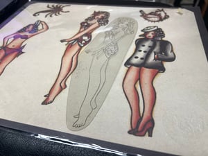 Image of Original 1950’s “Painless Nell” Bowen “Islander Pinup” Acetate Stencil & “PN” etching