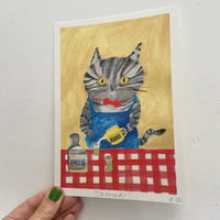 Image 3 of ‘Chamedi’ art print in two sizes A5 or A4 tabby cat pouring an aperitif 