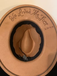 Image 5 of “He Loved Me First” Narrow Brim Hand-burned Panama hat