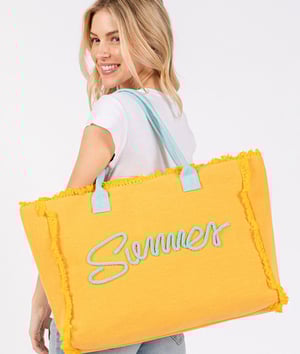 Image of SUMMER Message Embroidered Fringe Canvas Tote Beach Bag