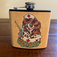 Image 4 of Day of the Dead Nurse Flask “Time For A Shot” Traditional Tattoo Art 6 Oz