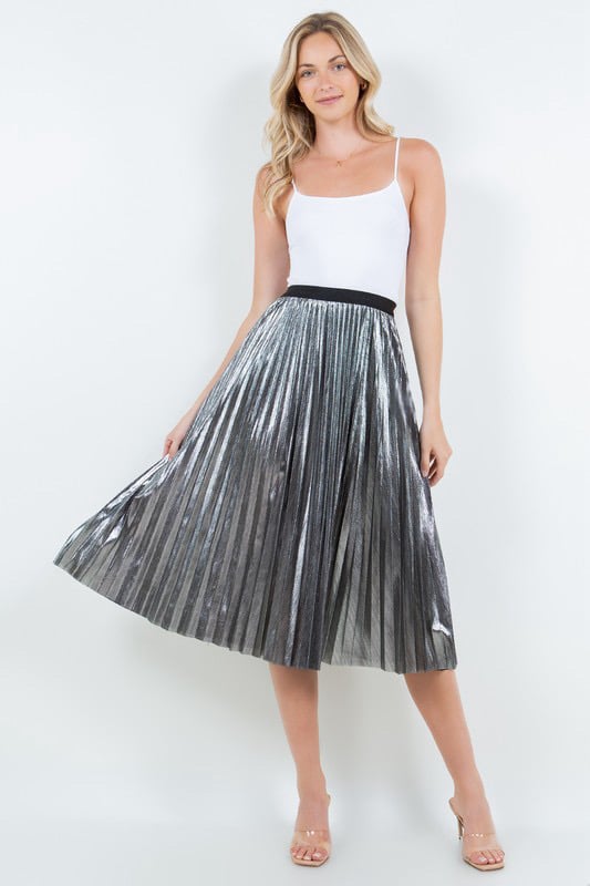 Image of Metallic Silver Pleated Midi Skirt