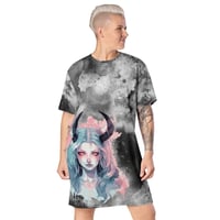 Image 1 of Black and Gray Watercolor and Vibrant Baphomet Girl T-shirt dress