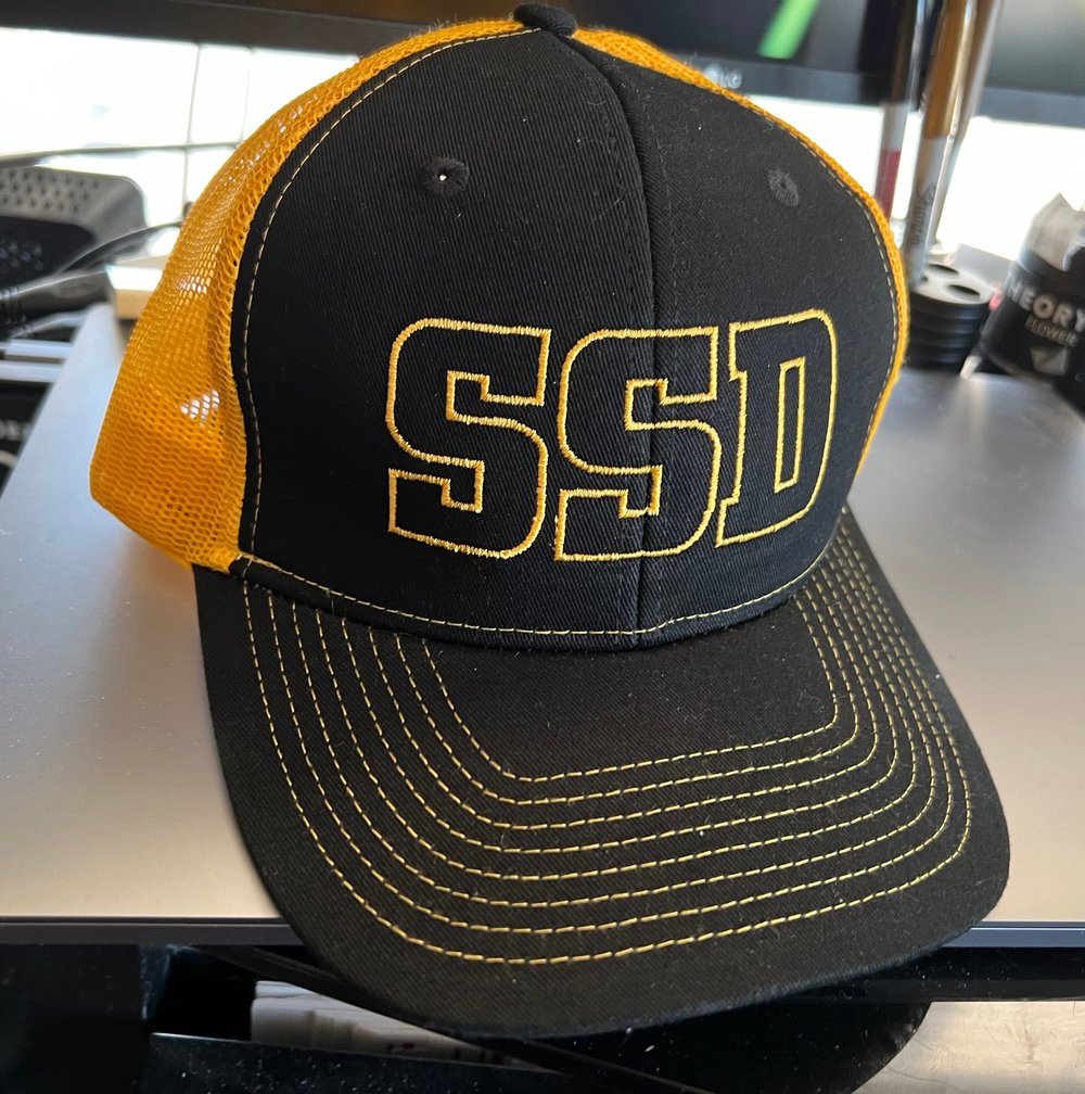 Gold SSD Outline Logo Black and Gold Trucker Snapback Cap