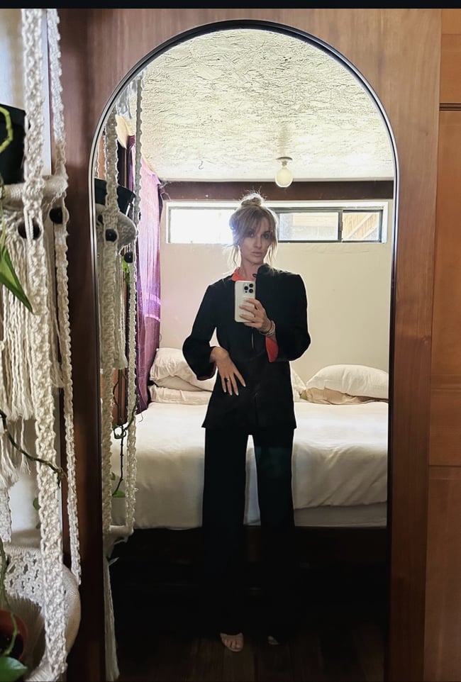 70s satin jacquard trouser set, red lining and hummingbird jacquard 