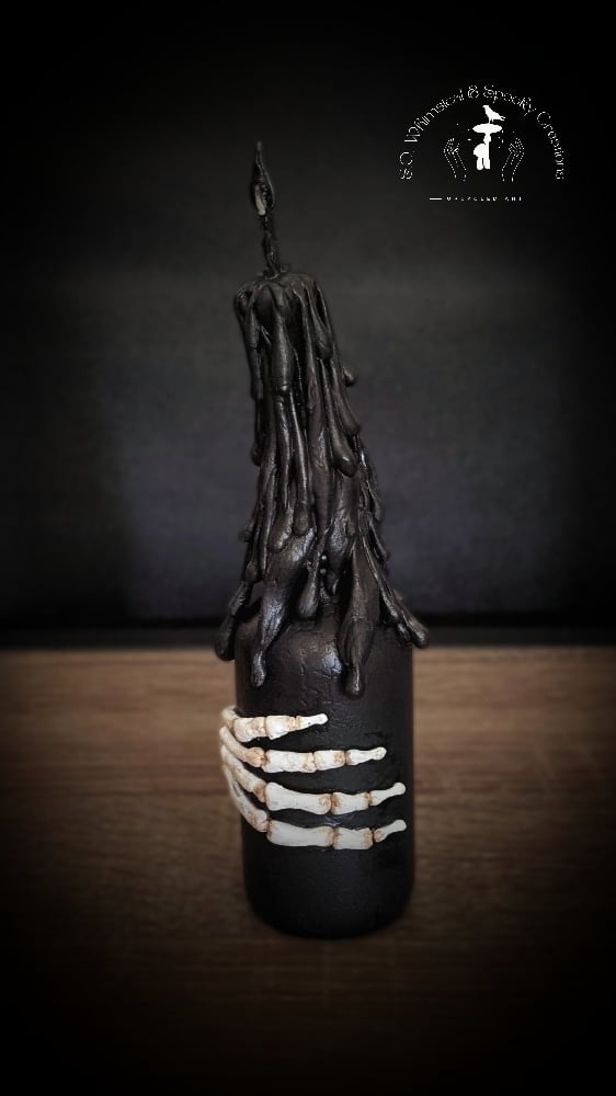 Image of (FREE U.S. SHIPPING) Death's Touch Bottle with Skeleton Hand & Black Flame Candle