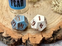 Image 3 of Hope and Fear Duality Dice | Handmade Pair of D12 Dice Beige and Blue