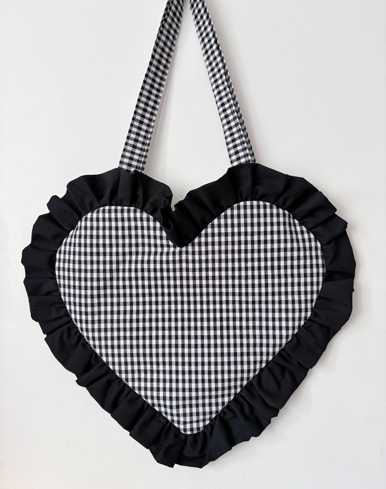 Image of Black & White Gingham Heart Tote with Black Ruffle Edge – Y2K Cute Chic