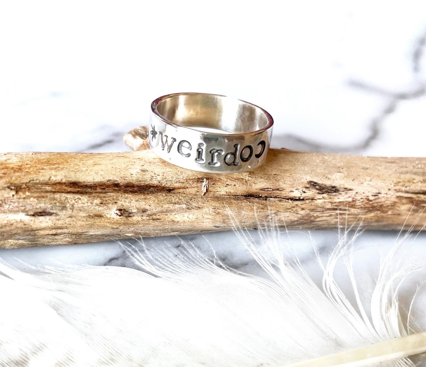 Image of Weirdo silver ring with star and moon stamp. Hand stamped silver 925 ring.