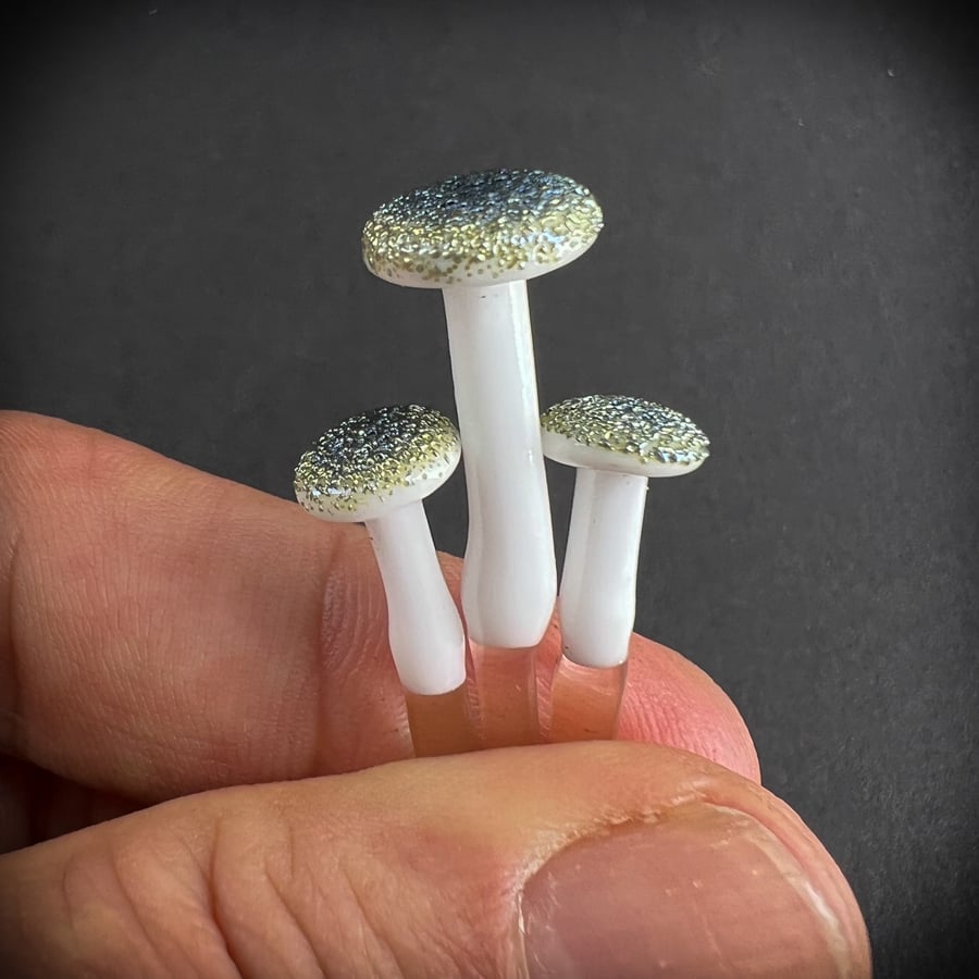 Image of 3 Mini White & Blue Mushroom Plant Spikes