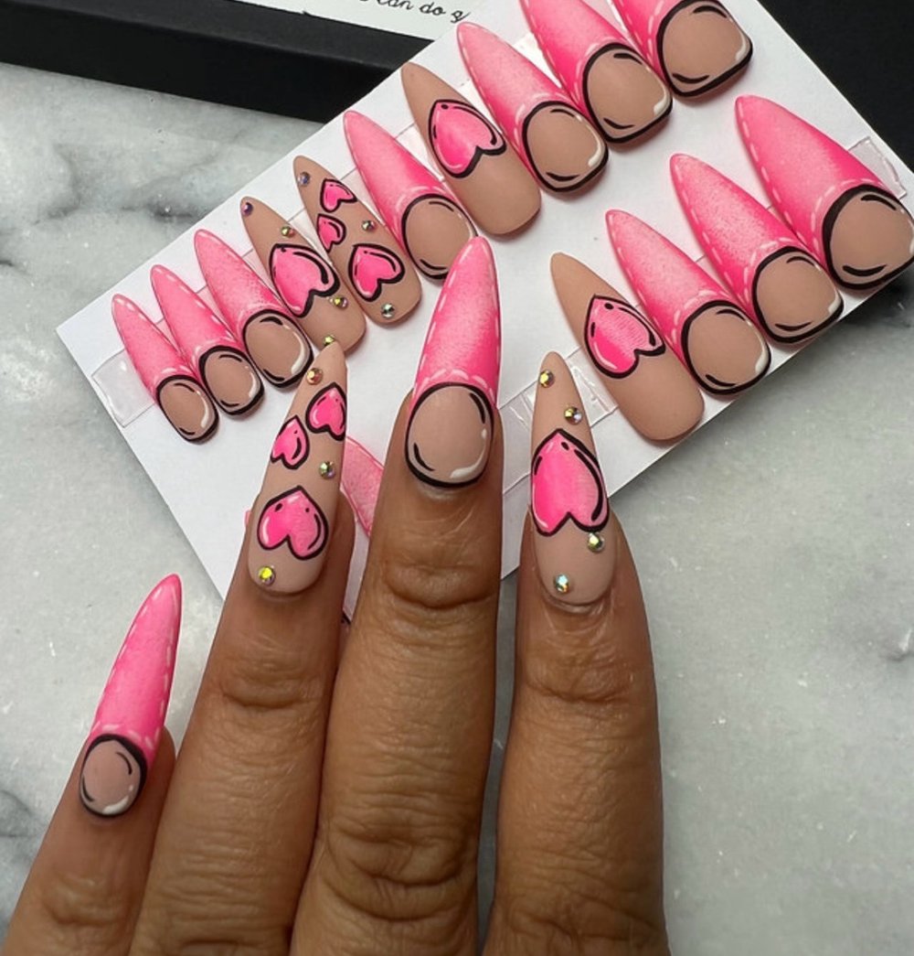 Image of 20 piece Pop art pink nails choose long stiletto or 2xl square shape press on nail below