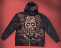 Image 1 of “FRANKENSTEIN” CUSTOM BLEACH PAINTED ZIP UP HOODIE LARGE