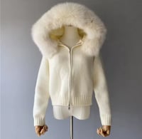 Image 2 of Cream fox fur collar hood cardigan